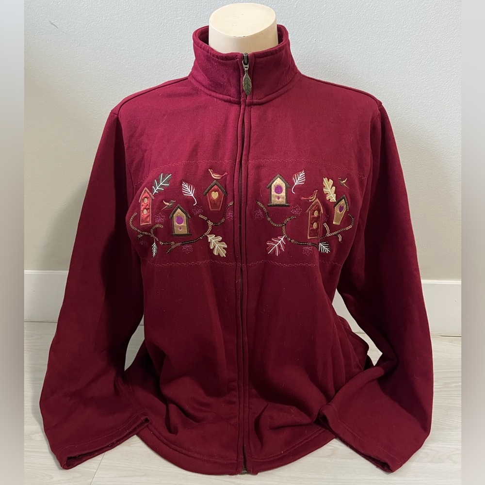 Tradition Women's Burgundy Zip-Up Fleece Jacket with Embroidered Birdhouses